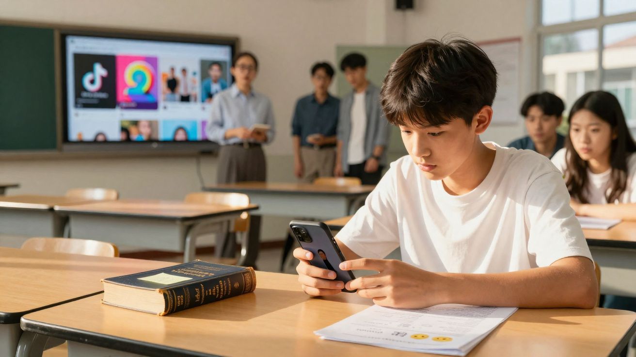 Aluno sentado numa sala de aula a usar o telemóvel, com colegas e professor ao fundo.