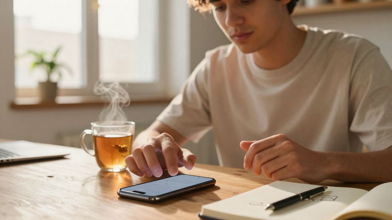 Jovem sentado a ler no telemóvel com chá quente e caderno numa mesa de madeira junto a uma janela.