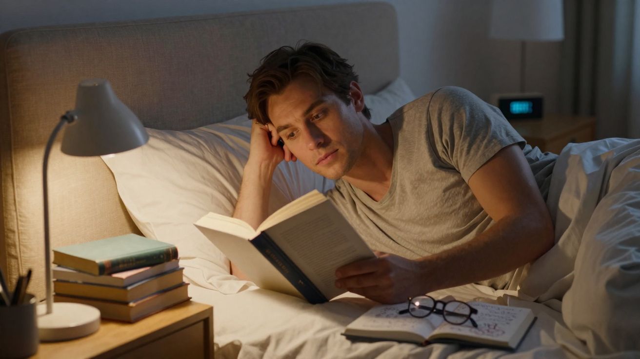 Homem jovem deitado na cama a ler um livro, iluminado por uma lâmpada de cabeceira à noite.