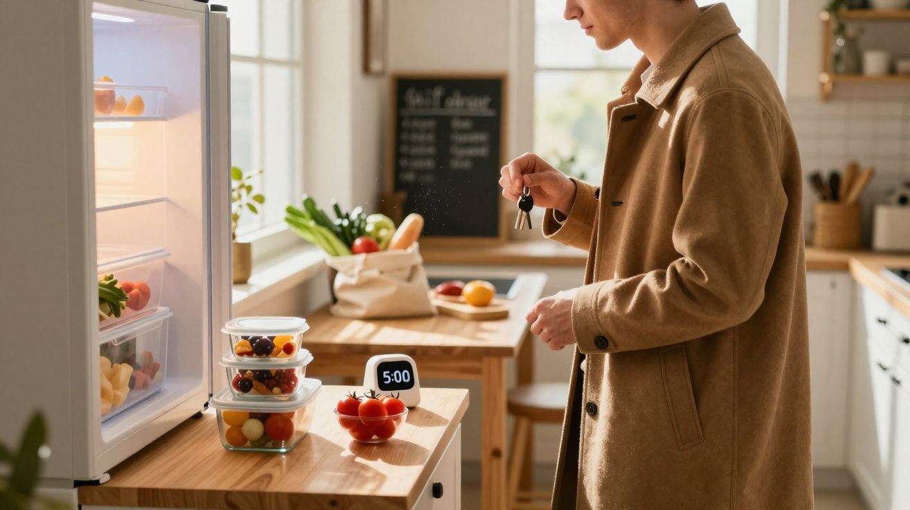 Pessoa com casaco castanho na cozinha, segurando chaves perto de frutos e comida fresca sobre a bancada.