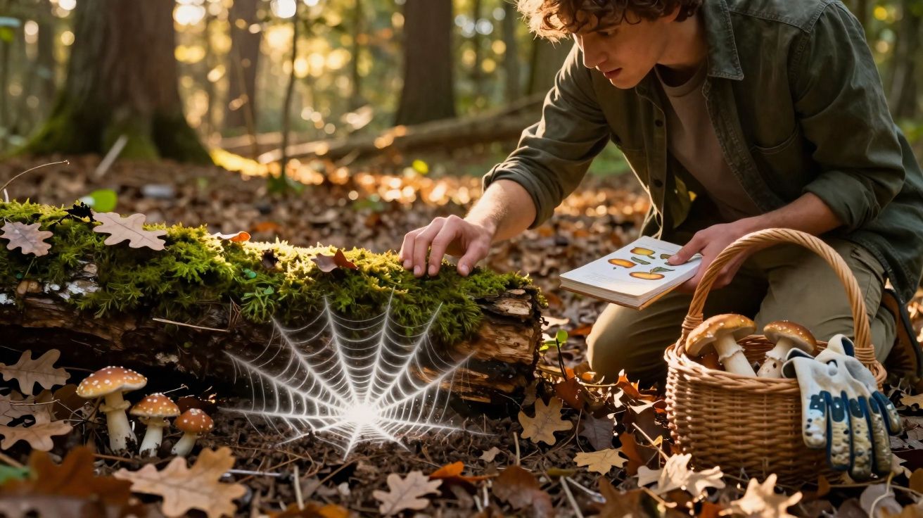 Pessoa agachada observa teia de aranha em tronco coberto de musgo, com cesto de cogumelos e luvas ao lado.