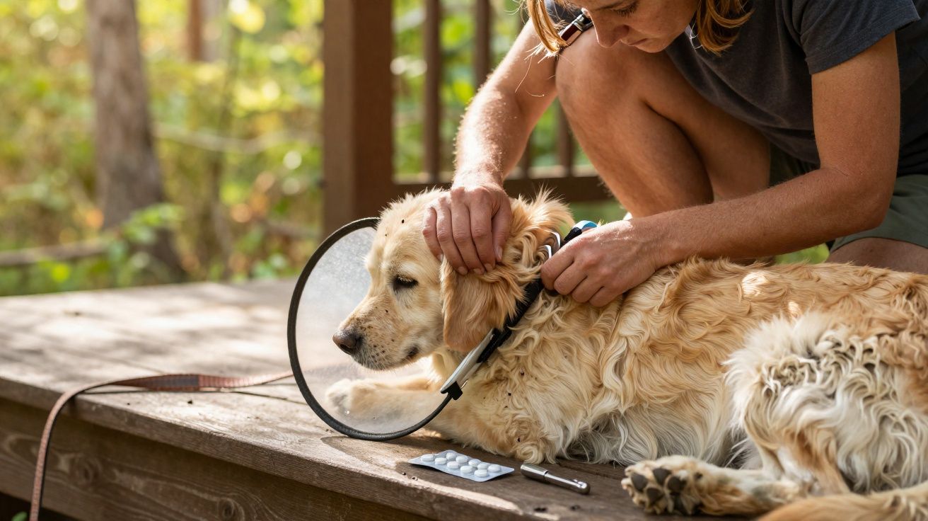 Mulher ajusta colar num cão com colar elizabetano enquanto está deitado numa varanda de madeira.