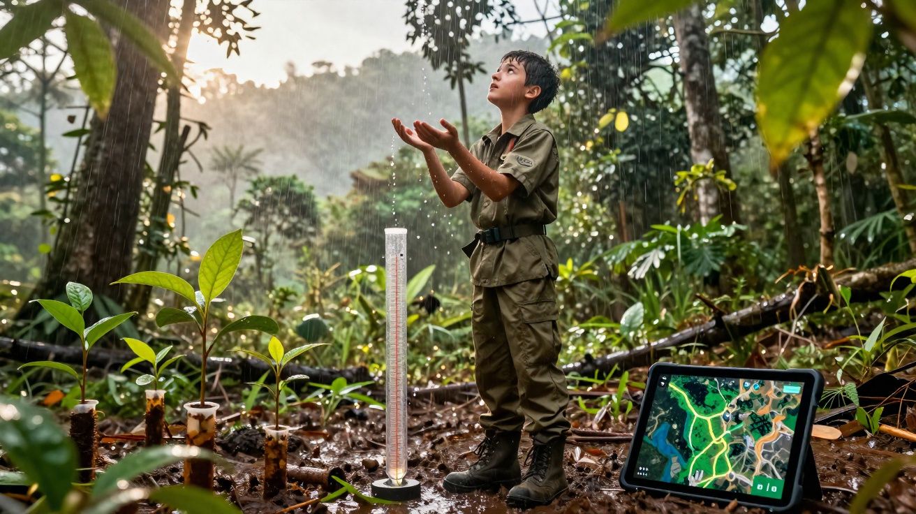Criança vestida de explorador na selva, medindo chuva com pluviômetro, rodeada por tablet e plantas jovens.