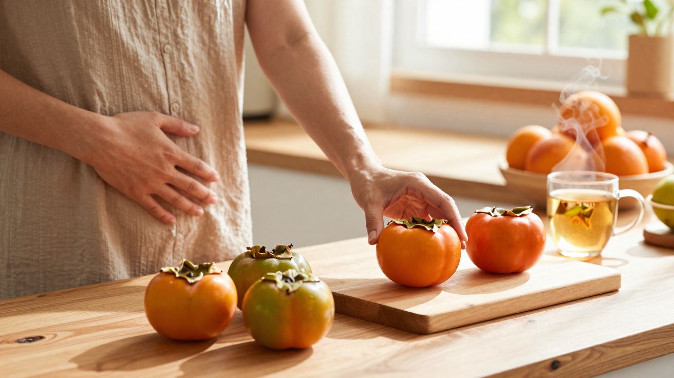 Pessoa com mão na barriga e outra a pegar caqui numa cozinha iluminada com frutos e chá quente.