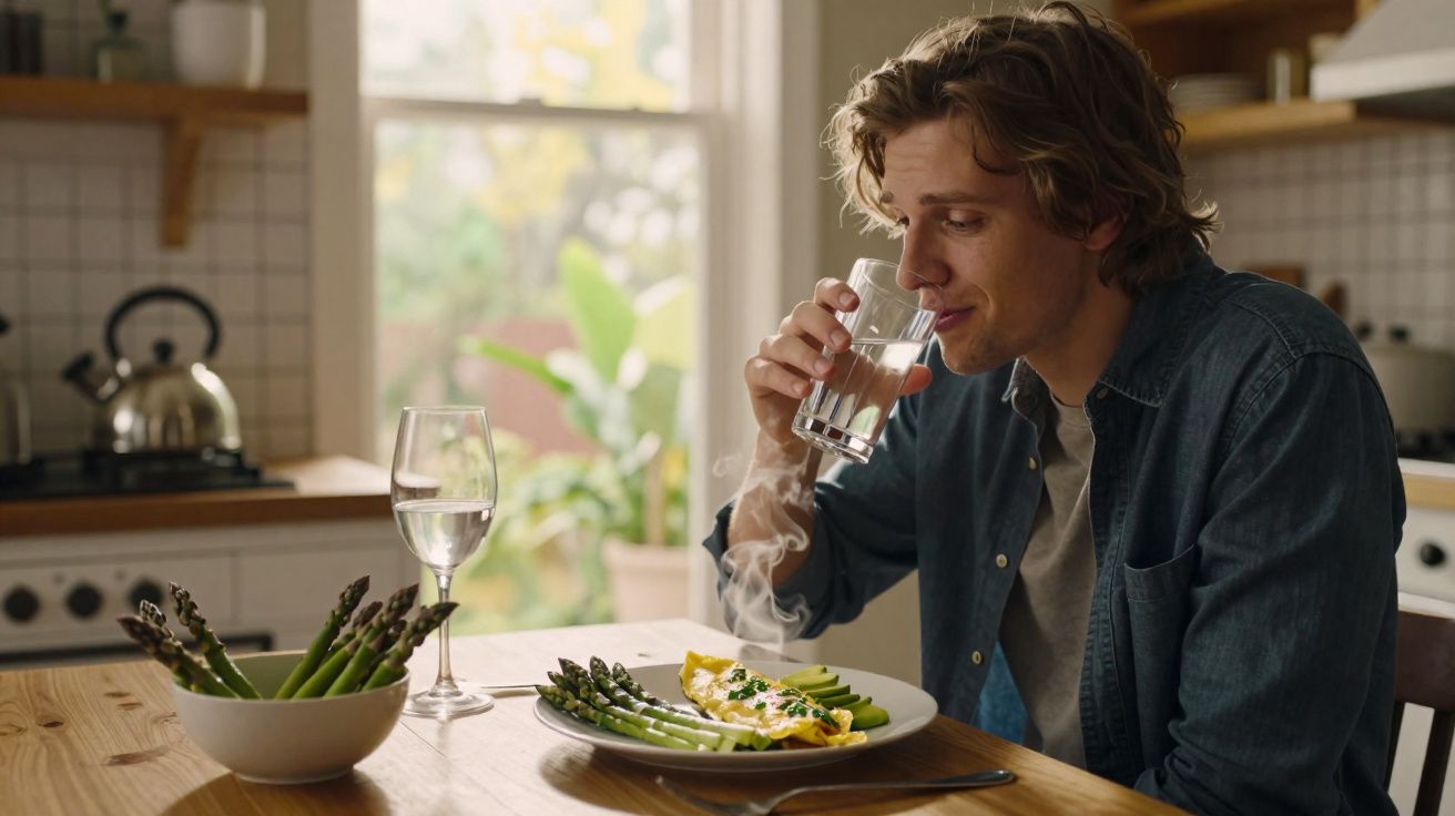 Homem a beber água enquanto está sentado à mesa com prato de omelete e espargos na cozinha.