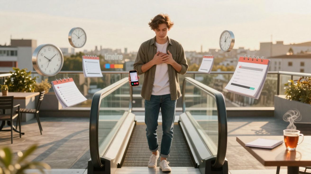 Jovem com mão no peito numa passadeira rolante rodeado de relógios, calendários e um telemóvel flutuantes ao pôr do sol.