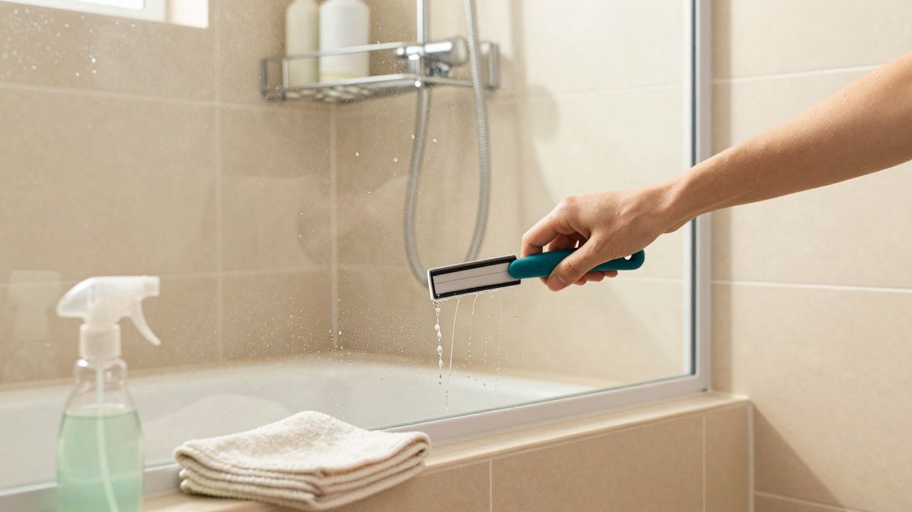 Mão segura limpa vidros verde a remover água de espelho de casa de banho com toalhas e spray ao lado.