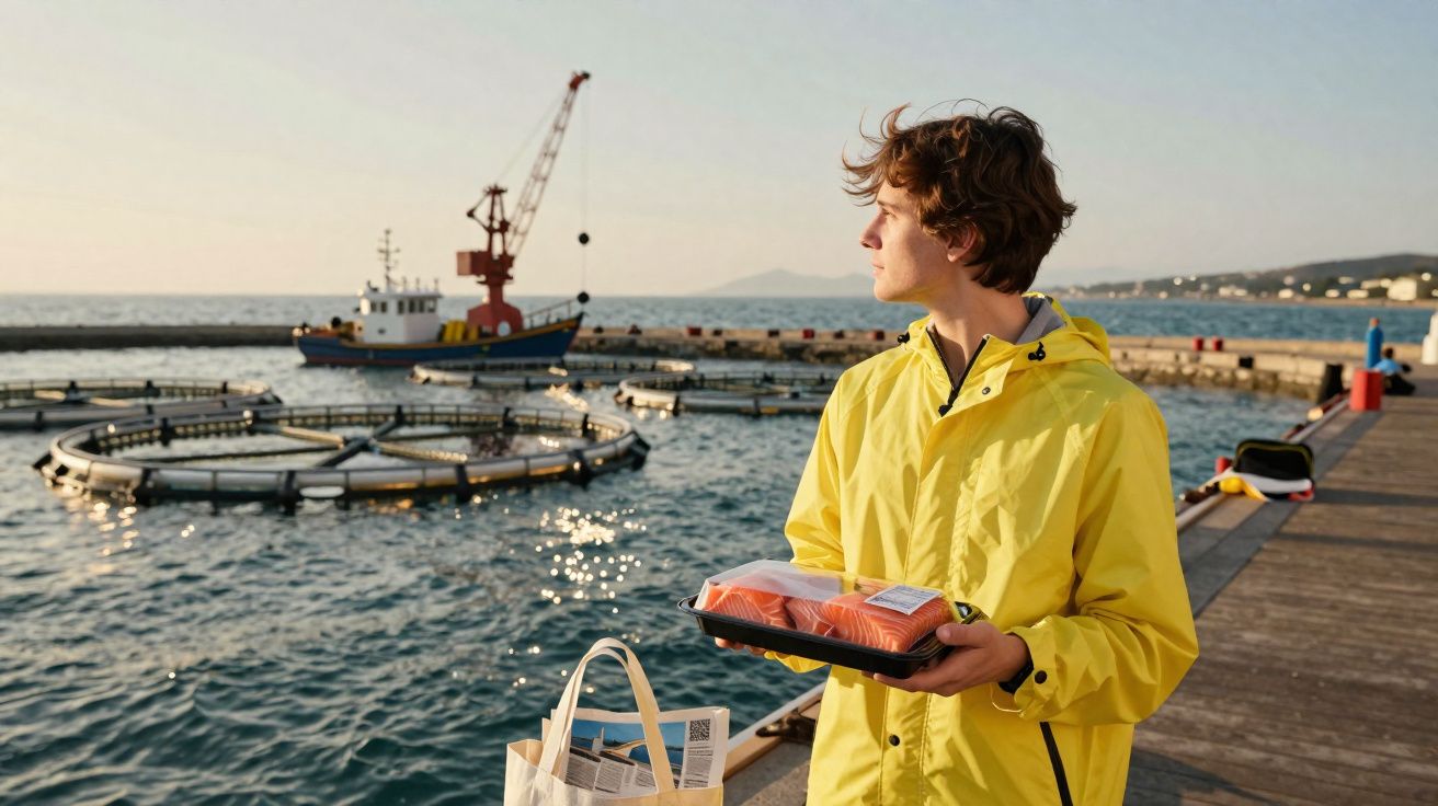 Jovem de capa amarela segura embalagem de salmão junto a uma instalação de aquicultura no cais.