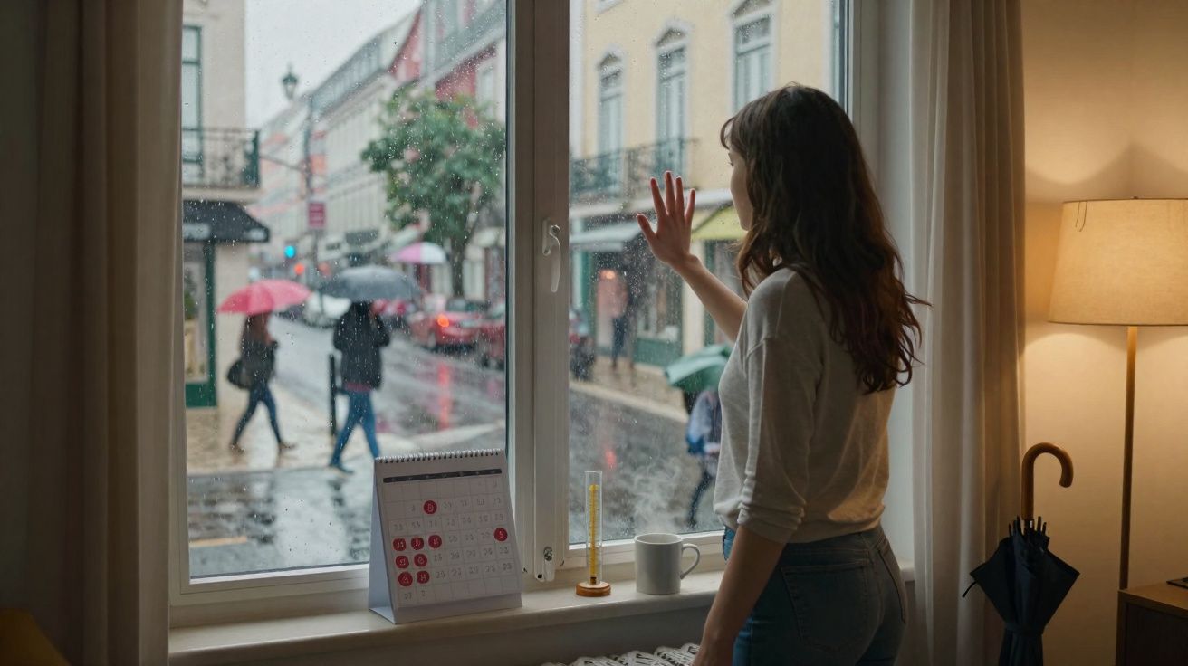 Mulher olhando pela janela num dia chuvoso com pessoas a passar na rua usando guarda-chuvas.