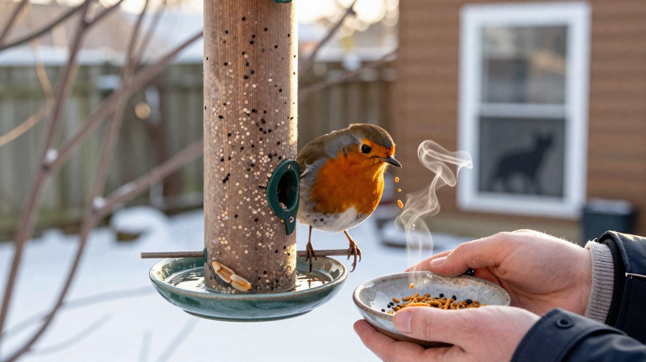 Pássaro com peito laranja a alimentar-se de sementes em comedouro suspenso numa mão humana.