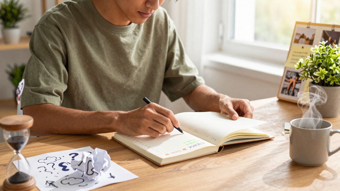 Pessoa a escrever num caderno numa secretária com chá quente e papeis amassados ao lado.