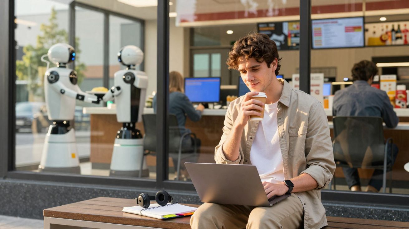 Jovem sentado num banco com um portátil e café, atrás, dois robôs atendem clientes numa cafetaria.