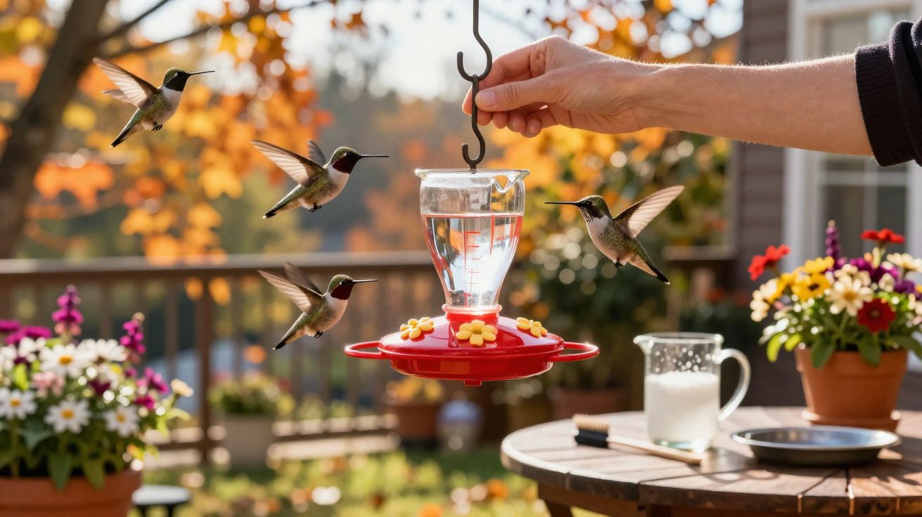 Colibri a alimentar-se em depósito suspenso, com mão a segurá-lo, em jardim com flores e mesa redonda.