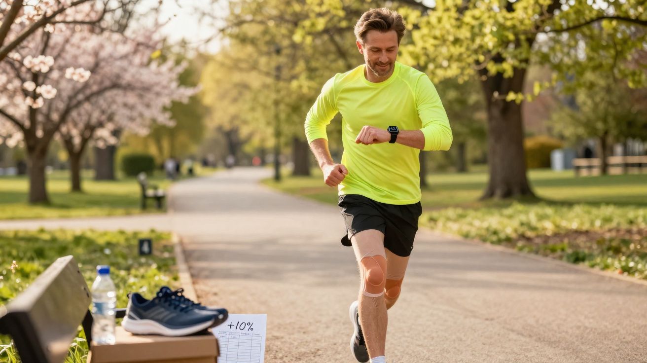 Homem a correr num parque primaveril com joelheiras e roupa desportiva amarela.