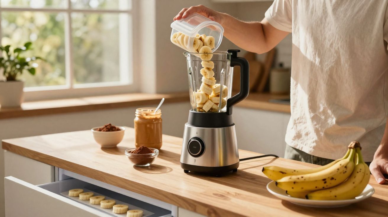 Pessoa a colocar banana numa liquidificadora para preparar smoothie numa cozinha luminosa.