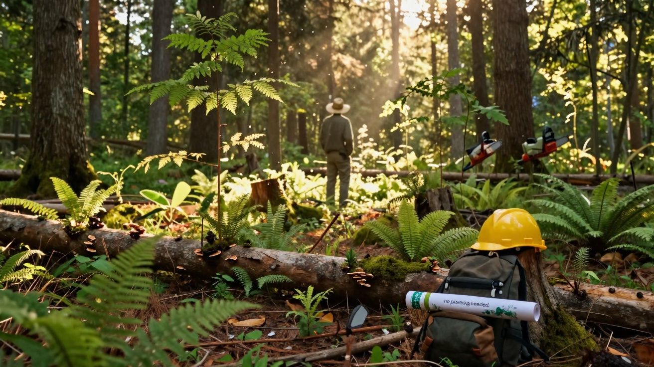 Pessoa de chapéu na floresta iluminada pelo sol, com capacete amarelo e mochila no primeiro plano.