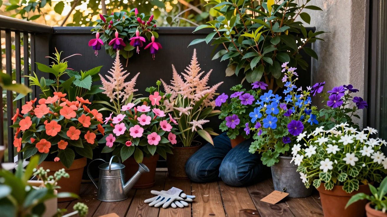 Varanda com várias flores coloridas em vasos, regador e luvas de jardinagem no chão de madeira.