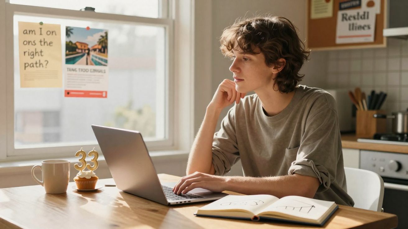 Jovem sentado numa mesa a trabalhar num computador portátil, com caderno aberto e uma chávena ao lado.