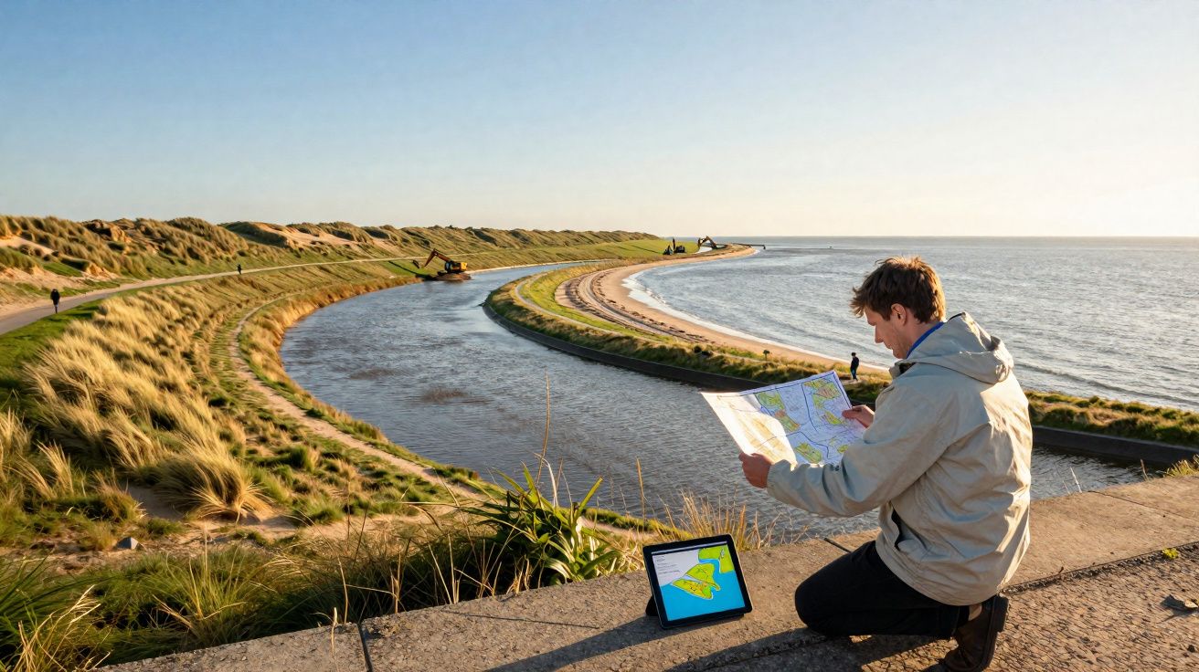 Homem junto a canal com mapa e tablet num caminho à beira-mar em dia soalheiro.
