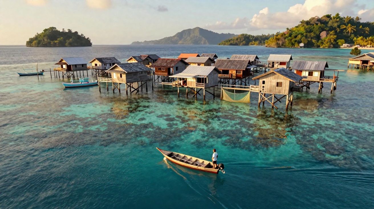 Casas de madeira sobre estacas no mar, com barco e ilha ao fundo num dia de sol.