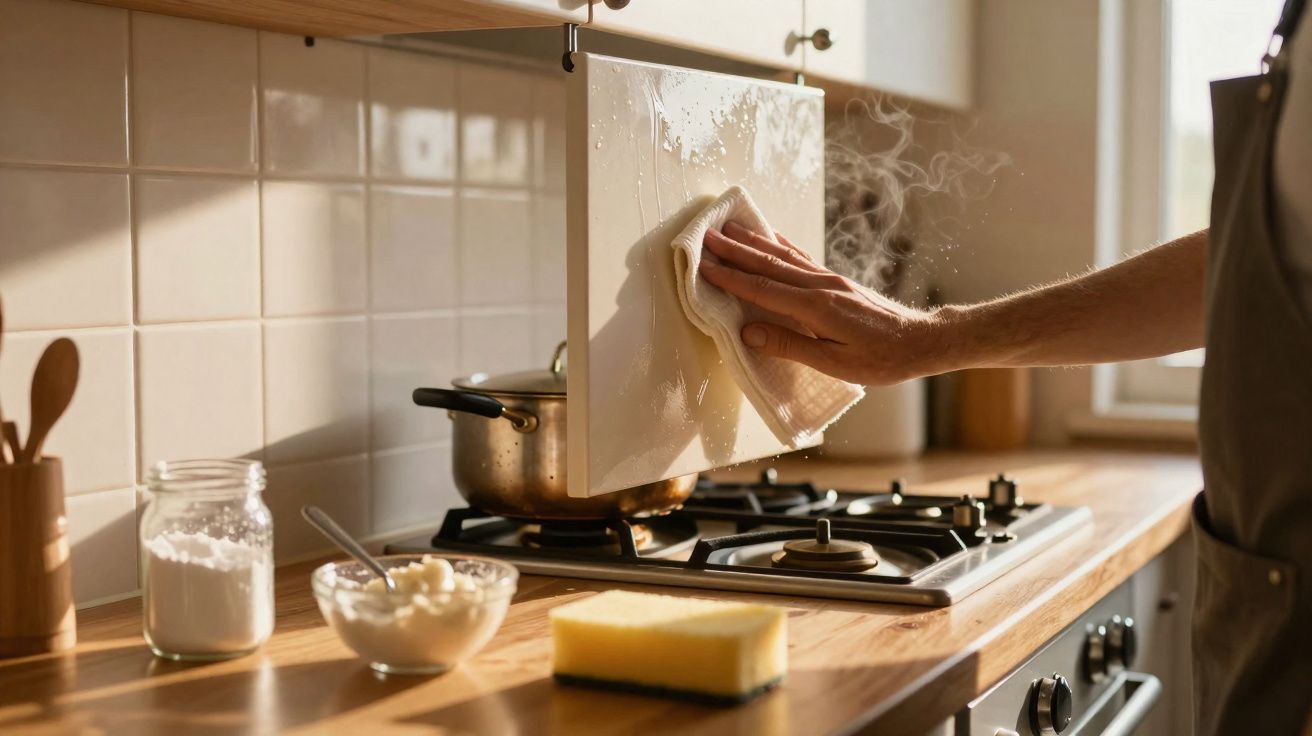 Pessoa a limpar o exterior de um armário de cozinha junto ao fogão com uma esponja e pano.