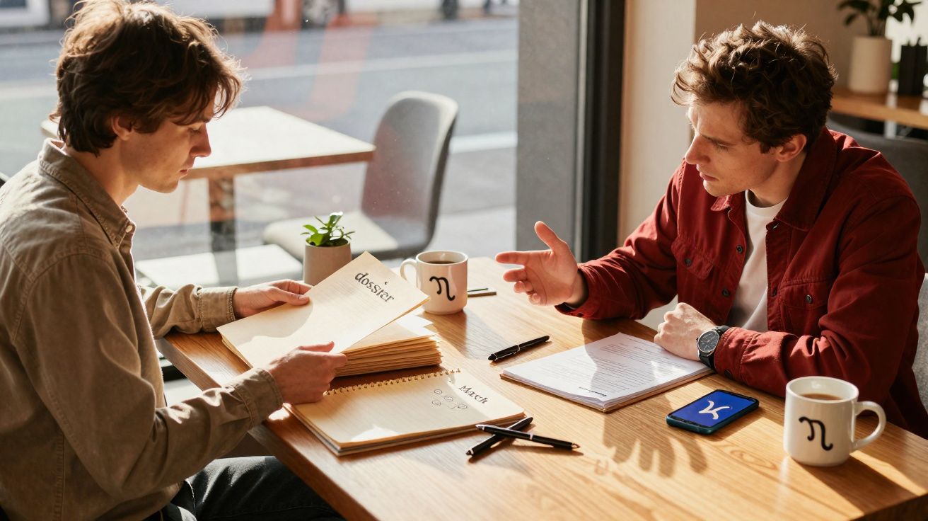 Dois jovens sentados à mesa discutem documentos, com canecas e telemóvel numa sala iluminada junto a uma janela.