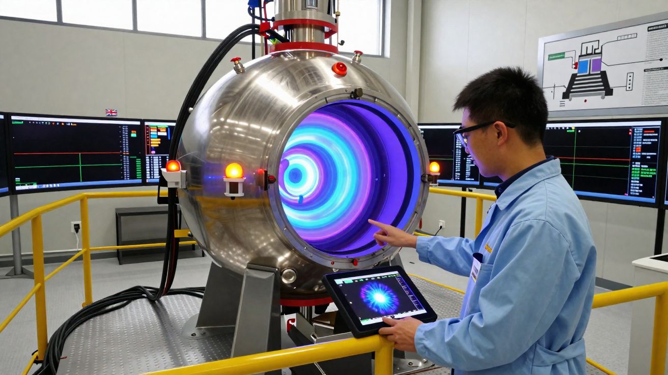 Técnico em laboratório a operar máquina científica com visor luminoso azul e gráficos em monitores.