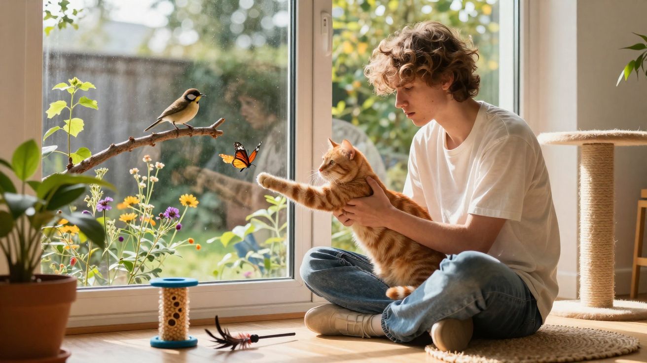Jovem sentado no chão a segurar um gato laranja que tenta apanhar uma borboleta perto da janela.