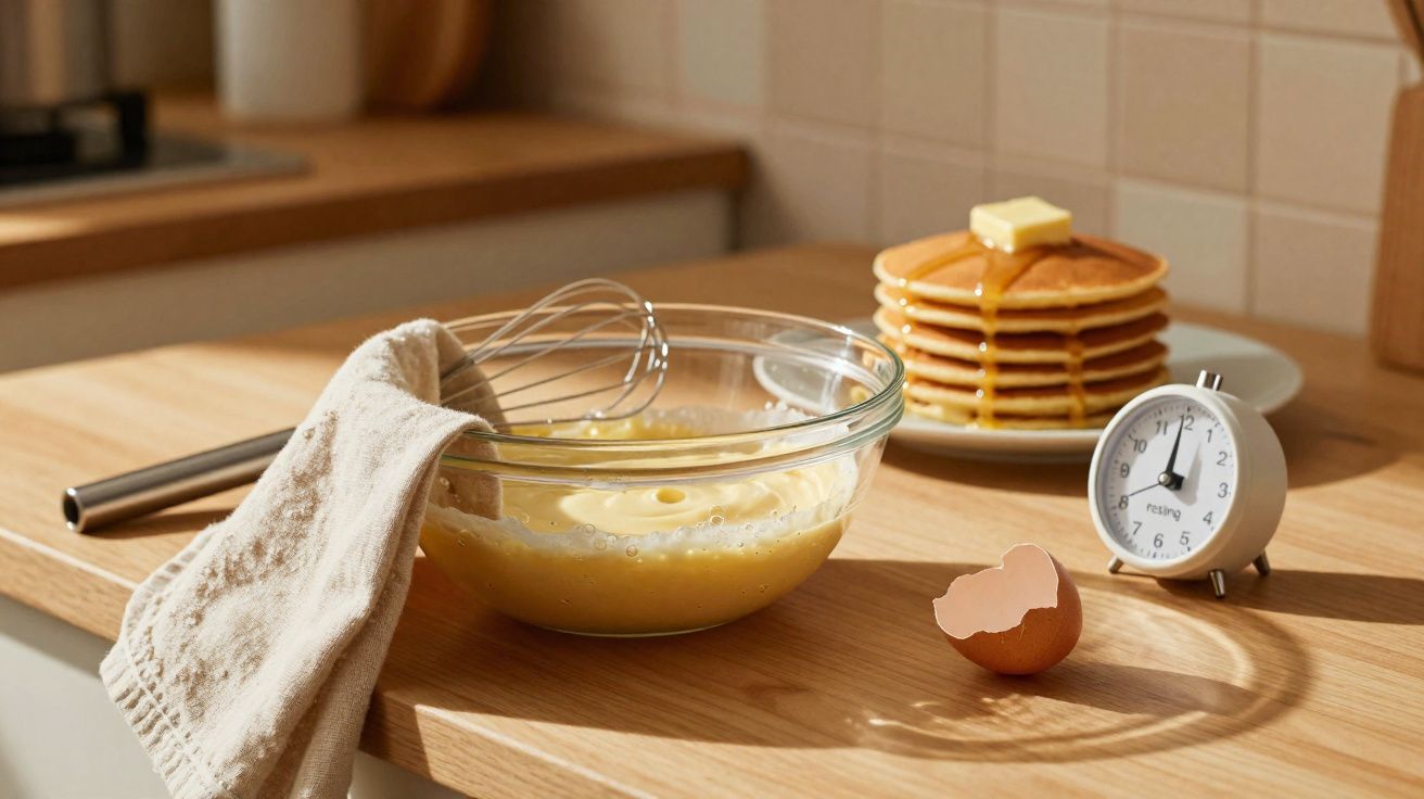 Taça de vidro com massa de panquecas, batedor, casca de ovo, pilha de panquecas com manteiga e relógio na cozinha.