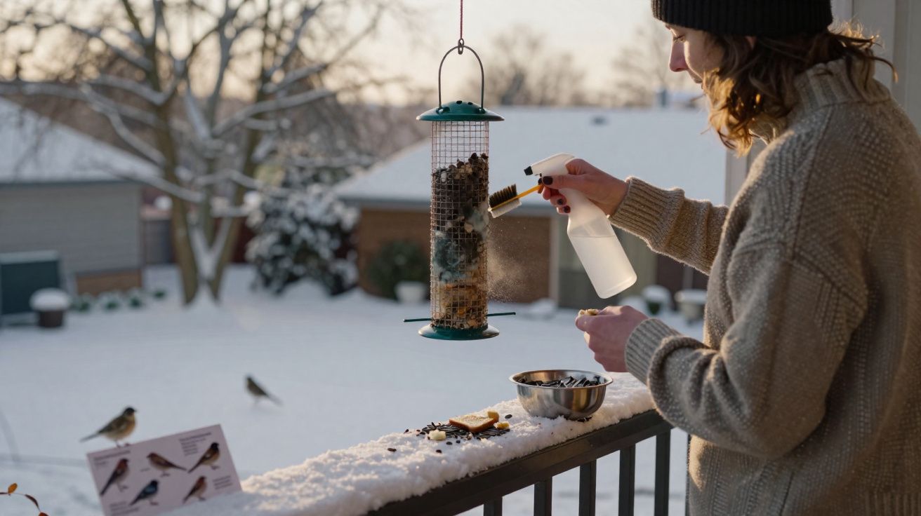 Pessoa a limpar com escova e pulverizador um alimentador de pássaros suspenso, ao ar livre com neve.