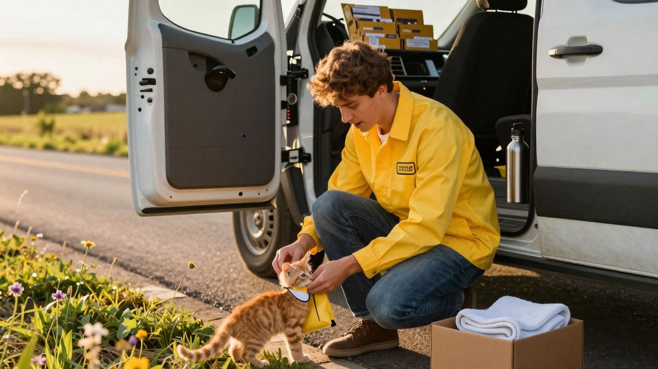 Homem com camisa amarela agacha ao lado de carrinha branca para acariciar gato ruivo na berma da estrada.