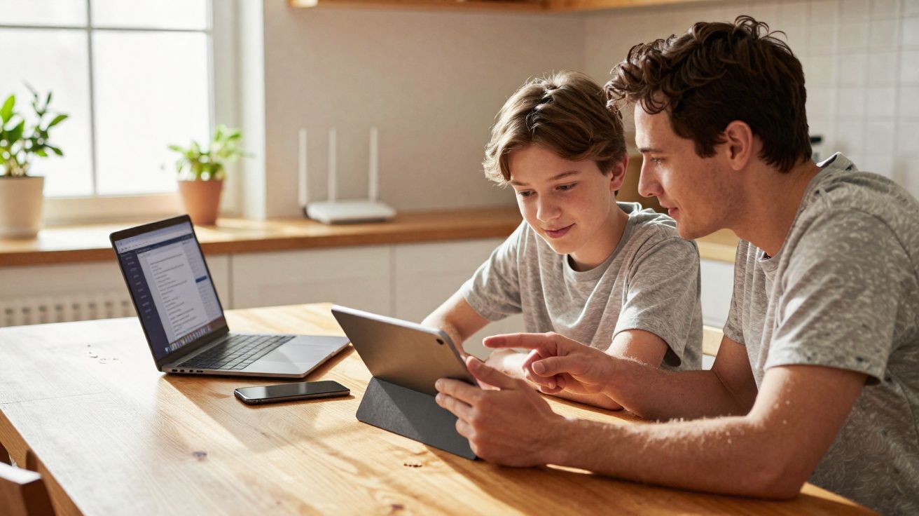 Pai e filho a usar um tablet sentados à mesa com computador portátil e telemóvel ao lado numa cozinha iluminada.