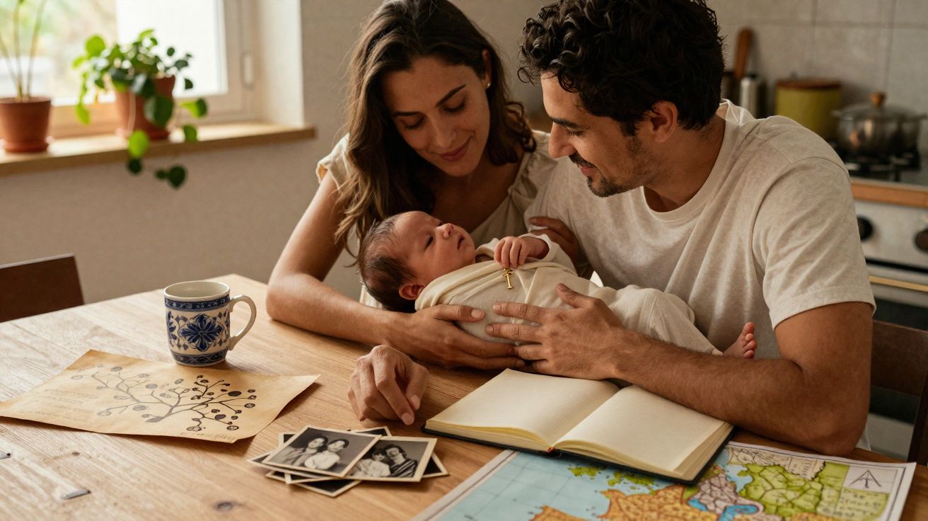 Casal com bebé ao colo olha para fotografias antigas numa mesa com mapas e caderno aberto, numa cozinha iluminada.