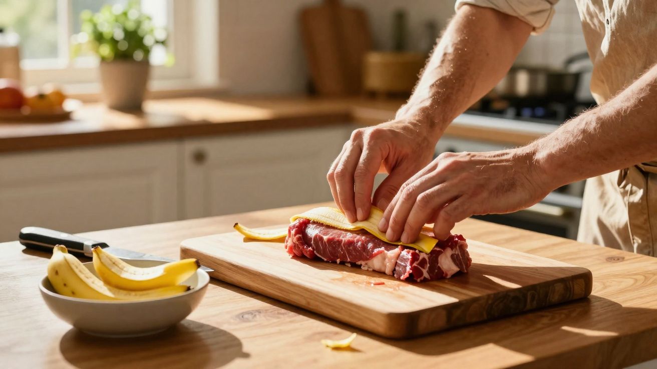 Pessoa a enrolar uma banana sobre um pedaço de carne num tabuleiro de madeira numa cozinha iluminada.