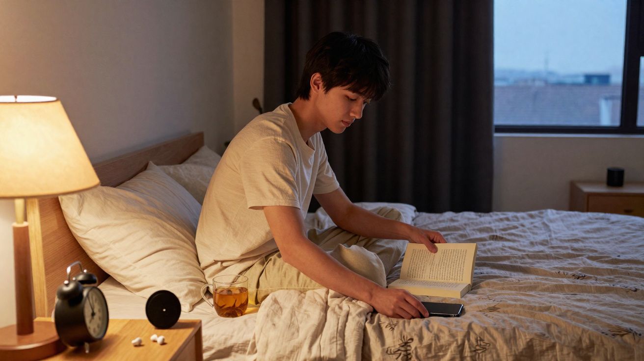 Jovem sentado na cama a ler um livro, com chá e despertador na mesa ao lado, dentro de um quarto à noite.