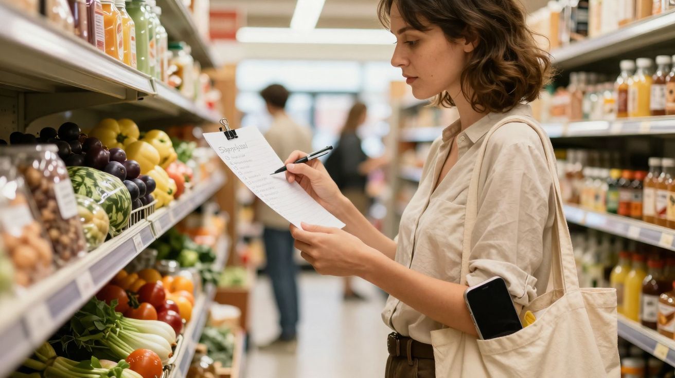 Mulher a fazer compras no supermercado, com lista na mão e saco reutilizável ao ombro, rodeada de frutas e produtos.