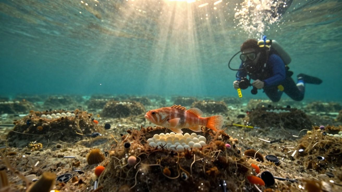 Mergulhador observa peixe laranja perto de ninhos com ovos no fundo marinho iluminado pelo sol.