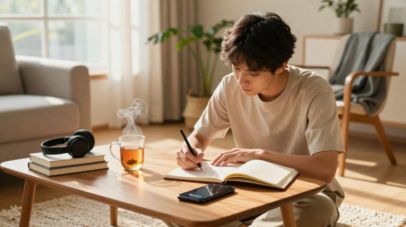 Pessoa sentada a escrever num caderno numa sala acolhedora com chá quente, telemóvel, livros e auscultadores na mesa.
