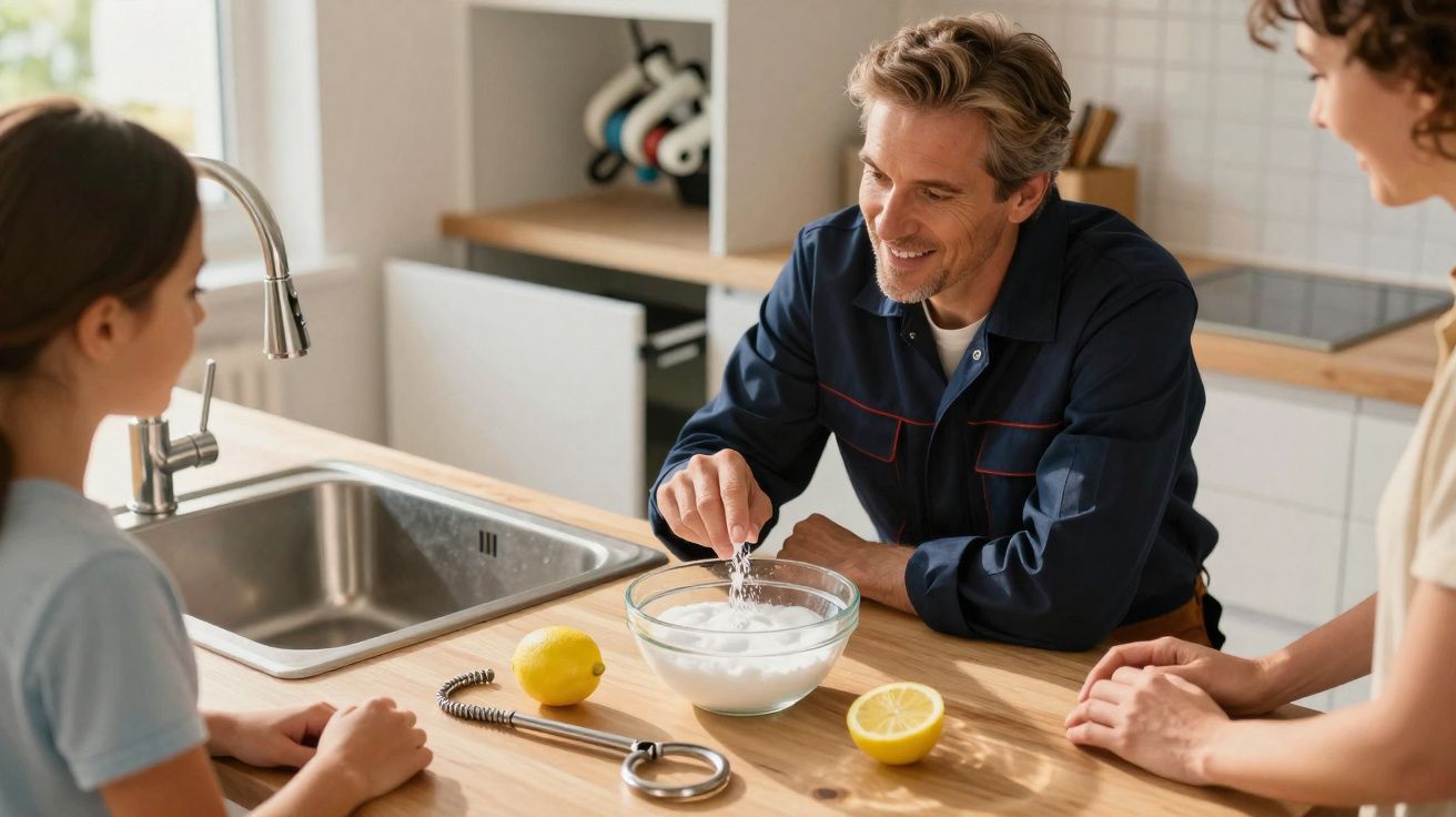 Homem a preparar solução caseira com limão para manutenção doméstica enquanto conversa com duas mulheres na cozinha.