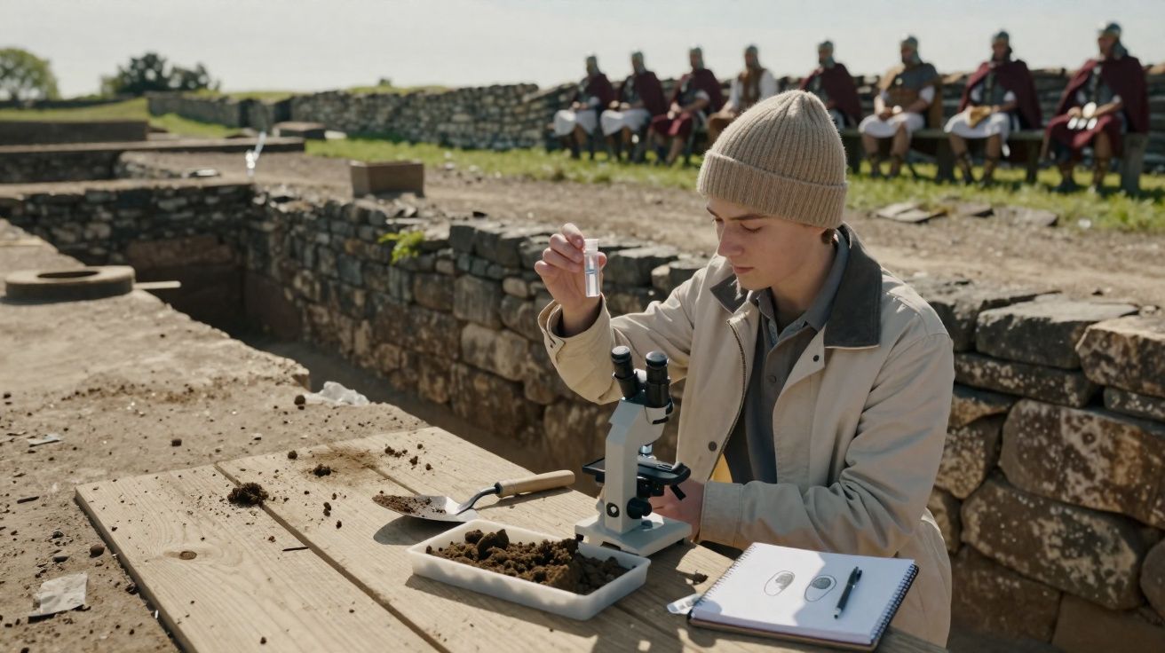 Jovem a analisar amostra de solo com microscópio num sítio arqueológico ao ar livre.