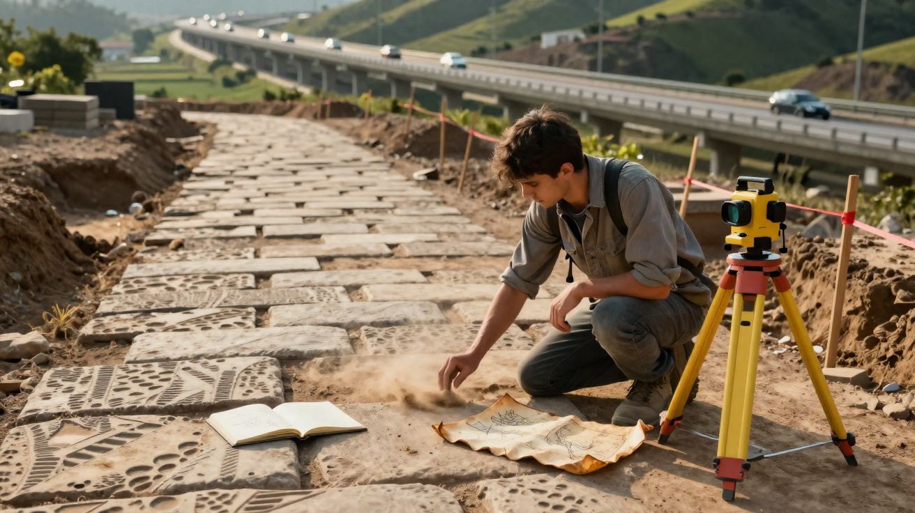 Jovem arqueólogo escava em ruínas ao ar livre com plantas, mapas e equipamento de topografia.