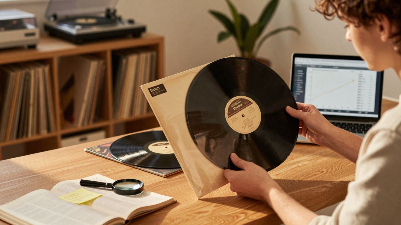 Pessoa a segurar um disco de vinil junto a mesa com livros, lupa, computador e estante de discos ao fundo.