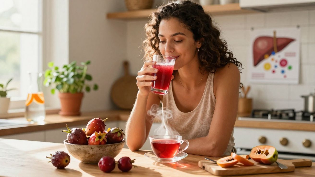 Mulher a saborear um sumo vermelho na cozinha junto a uma chávena de chá quente e fruta fresca sobre a mesa.