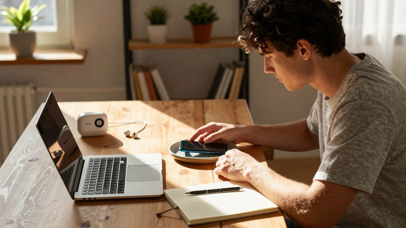 Jovem sentado à mesa a usar smartphone, com portátil, caderno, caneta e carregador wireless à sua frente.