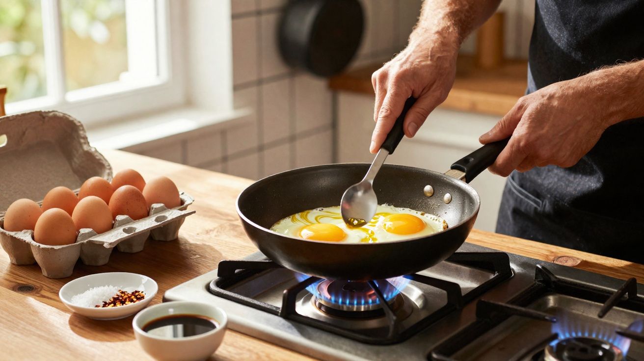 Pessoa a cozinhar ovos estrelados numa frigideira em fogão a gás numa cozinha iluminada natural.