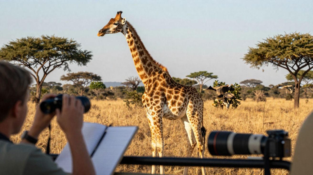 Pessoa observa girafa numa savana africana com binóculos e caderno, com máquina fotográfica ao fundo.