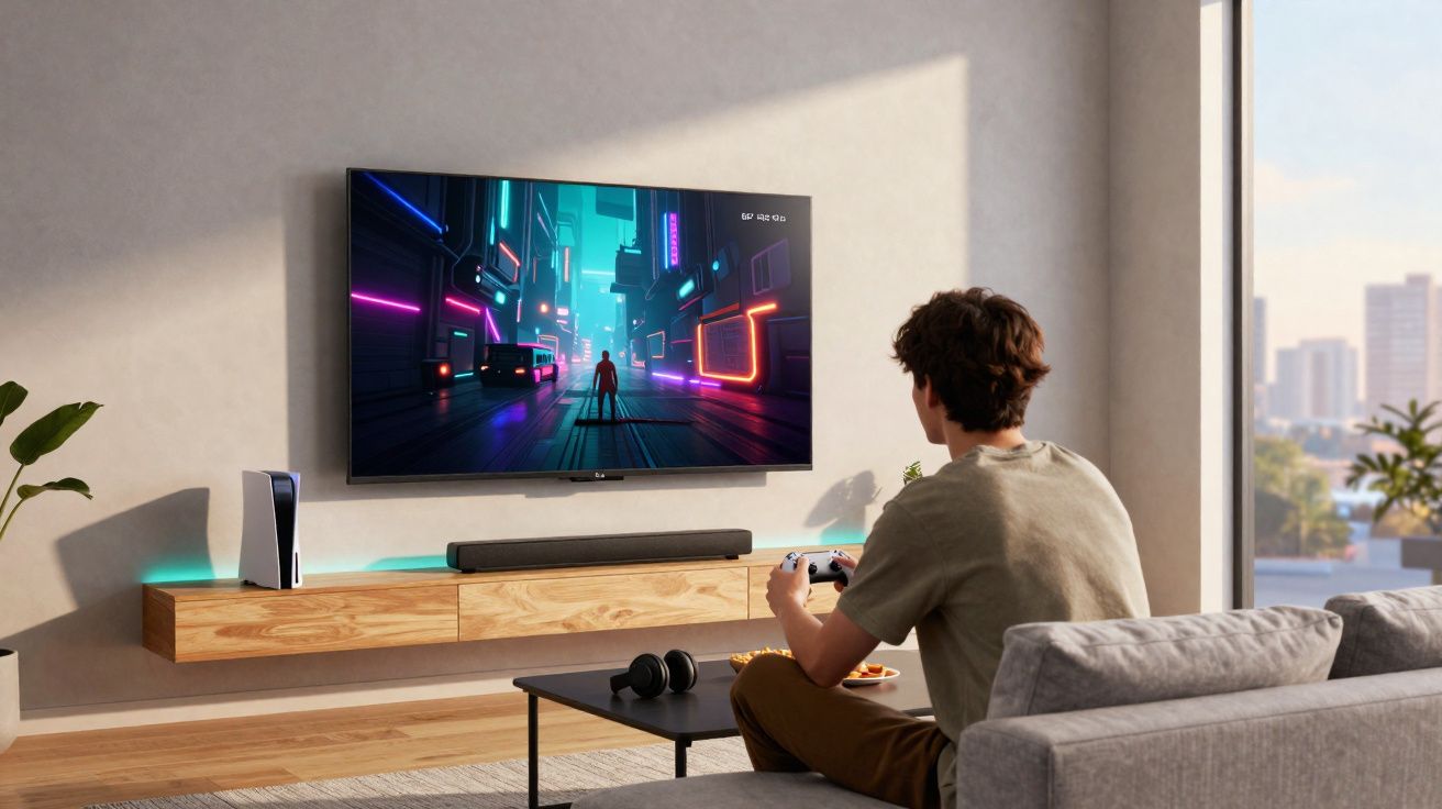 Jovem sentado num sofá a jogar videojogos numa consola junto a uma televisão num ambiente moderno.