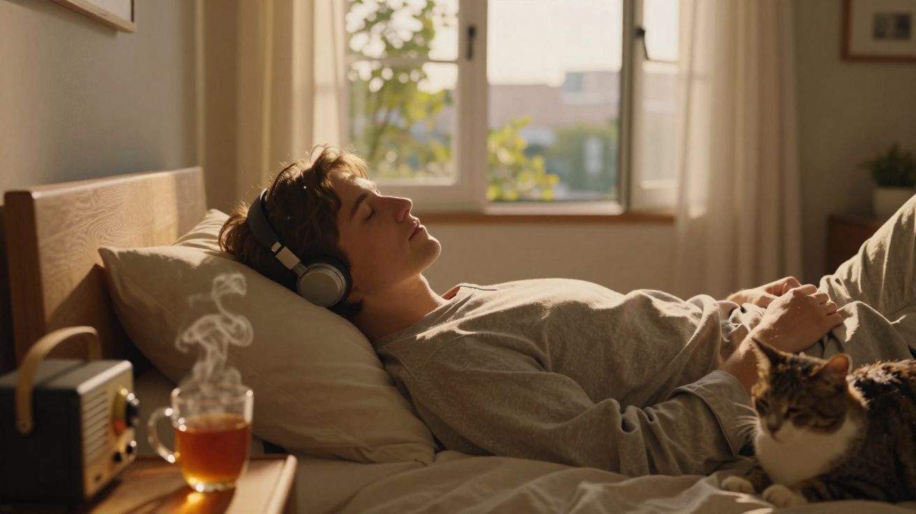 Jovem deitado na cama a ouvir música com auscultadores, com um gato ao lado e uma chávena de chá na mesa.