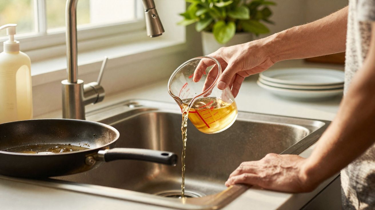 Mãos a deitar óleo usado de medida de vidro para pia de cozinha com frigideira ao lado.