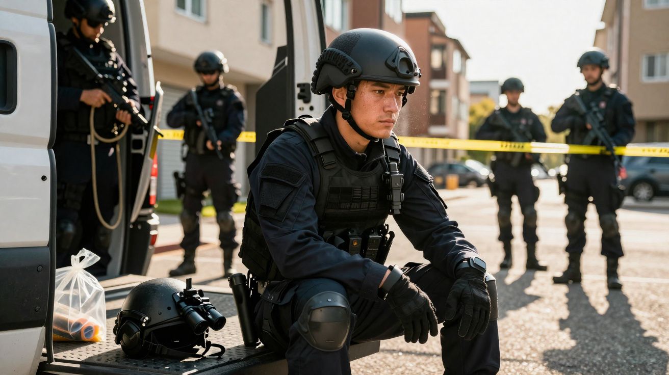 Polícia em equipamento táctico posicionado numa rua com fita policial e colegas ao fundo.